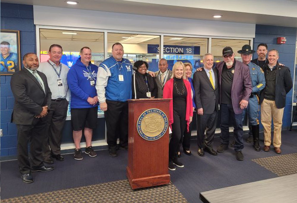 Image: A photo Lt. Governor Hall-Long, NFL Hall of Famer Randy White and other dignitaries Announcing the Bench Opioids Initiative to Curb Opioid Abuse